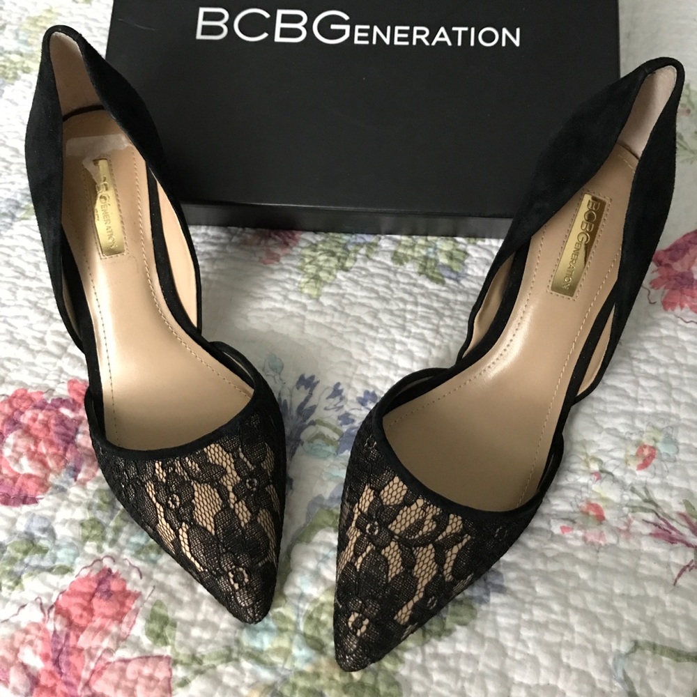 BCBG Black Lace Pointed Toe Heels